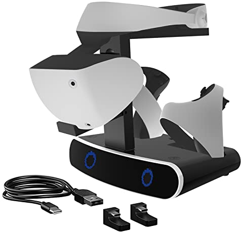 Ladestation für PS VR2, 3 in 1 Ladestation Ständer für VR2 2 Headset & Sense Controller, Ladedock Ständer mit LED Licht, Playstation VR2 Zubehör (mit Brillenhalterung)