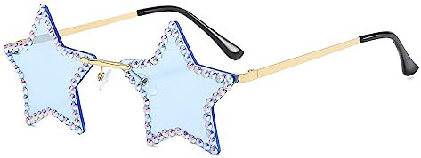 GLGHMH Strass-Sternbrille, randlose sternförmige Funky Bling Diamant Sonnenbrille, Mode funkelnde Sonnenbrille für Sommer, Strand, Party, Festival, Damen, Herren, Teenager (Blau)
