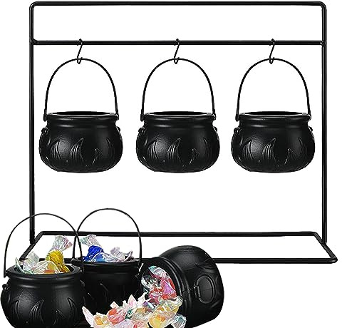 EBbels Halloween Witch Cauldron Bowl, Set of 3 Witches Cauldron Serving Bowls on Rack Plastic Handheld Trick or Treat Candy Holder for Home Kitchen Halloween Party Decorations