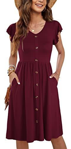 MOLERANI Summer Dresses for Women UK Ruffle Sleeve V Neck Casual Swing Elastic Waist Midi Dress with Pockets Plain Wine Red M