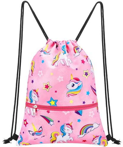 WAWSAM Rucksack mit Kordelzug für Kinder, 34 x 45 cm, Sporttasche, wasserdicht, Strand, Schwimmbad, Schule, mit Reißverschlusstasche, Einhorn H