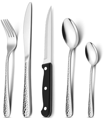 Onader 20 Piece Cutlery Set with Steak Knives, Stainless Steel Flatware Silverware Set Service for 4, Hammered Forks Knives Spoons for Kitchen Birthday Christmas, Mirror Polished & Dishwasher Safe