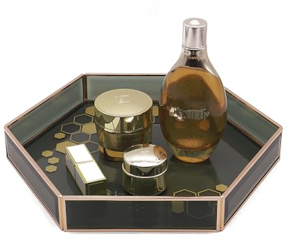 SLHEQING Decorative Tray, Black Makeup Perfume Trays, Dressing Table Organiser Glass Bathroom Tray for Vanity, Dresser, Bathroom, Bedroom