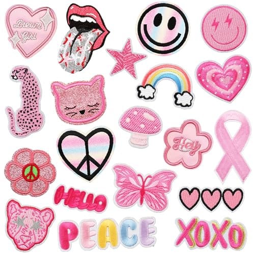 Woohome Patches zum Aufbügeln, 20 Stück Pink Patch Sticker für Kleidung Blumen Aufnäher Applikation Flicken Zum Aufbügeln Kinder Patches für für DIY T-Shirt Jeans Kleidung Taschen