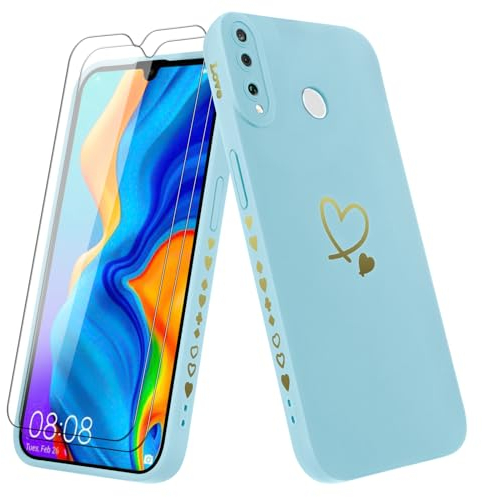 Vauki Coque pour Huawei P30 Lite/Nova 4e avec 2 Verre Trempé, Etui Fille avec Or Motif Coeur Souple TPU Silicone Antichoc Anti-Rayures Housse Compatible avec Huawei P30 Lite/Nova 4e, Bleu