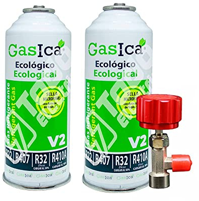 Ralertreik Confezione benzina V2 Gas Refrigerante Ecologico Sostituto R22/R407/R32 e R410A (2 Bottiglie + Chiave)