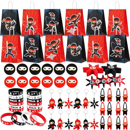 Beneony 72 STK. Ninja Party Mitgebsel Kindergeburtstag Jungen Ninja Hüpfbälle Geschenketüte Silikon Armbänder Fingerschleuder Schlüsselanhänger Give Aways Kindergeburtstag für Kinder