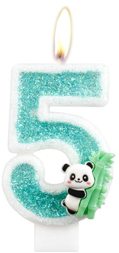 Panda Number Candle, Green Panda Bamboo 5th Birthday Cake Decoration, Animals Theme Party Supplies for Boys Girls Kids