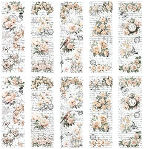 WANDIC 10 Blatt Transfer-Aufkleber, Retro-Champagnerblumen-Muster, Aufkleber für DIY, Scrapbooking, Fotoalben, Möbel, 30 x 9,9 cm