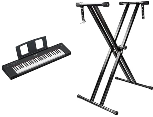 Yamaha NP-15 Piaggero Digital Keyboard – Leichtes und tragbares Keyboard mit 61 anschlagdynamischen Tasten und 15 Klangfarben & RockJam Double Braced Adjustable Keyboard Stand with Locking Straps