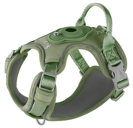 TSPRO Hundegeschirr mit AirTag Halter, Verstellbarer Brustgürtel für Mittelgroße Hunde, mit Komfortablem Griff, Langlebig und Reflektierend für Spaziergänge, Joggen, Training (Grün Größe 3)