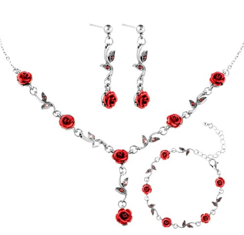 Yolev 3Pcs Set Red Rose Jewelry - Rose Flower Pendant Necklace, Bracelet Dangle Earrings.Bracelet Flower Jewelry Dangle Earrings Set For Valentine's Day Mother's Day Gifts Wedding Gifts
