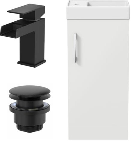 AURORA® 400mm Bathroom Vanity Unit Ceramic Wash Sink Floorstanding Storage Cabinet Reversible Soft Close Cupboard & Black Waterfall Basin Mixer Tap & Waste Set, White Gloss