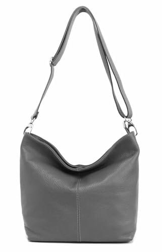 Made in Italy Damen Leder Tasche Umhängetasche Shopper Cross Over Body Bag Handtasche Ledertasche Schultertasche Hobo Bag Grau
