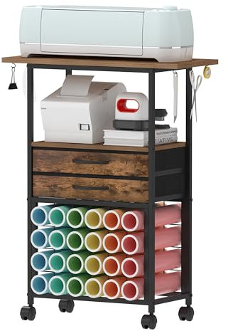 Trironsun Organization and Storage Craft Cart Compatible with Cricut Machines Rolling Craft Organizer with 24 Vinyl Roll Holders and 2 Fabric Drawer Crafting Cabinet for Craft Room