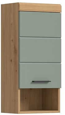 furnling Hängeschrank Scott, Matte Salbei Front, 1 offenes Fach, 1 Tür, 2 Fächer, Badschrank mit verstellbarem Einlegeboden, Breite 37 cm, Korpus Artisan Eiche