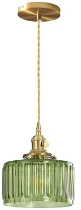 Hnexsei Suspension Moderne en Verre avec Douille Métal E27 Dorée, Abat-jour Texturé, Câble Suspendu Réglable, Idéale pour Cuisine, Salle à Manger et Salon (Vert rayé)
