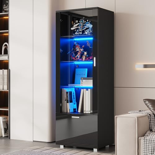 Merax Vitrinenschrank mit LED Beleuchtung, Glasvitrine mit 3 Fachböden, Schublade, Hochglanzvitrinen für Sammlerstücke, Bücherschrank mit Glastüren, für Wohnzimmer, Schlafzimmer, 50x40x160cm, Schwarz