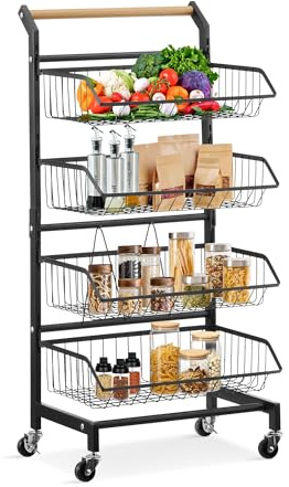 CLIPOP Gemüseregal, Korbregal für Küche, 4 Etagen Abnehmbar Obstkorb Gemüse Aufbewahrung mit Abschließbaren Rollen, Aufbewahrungswagen Küchen Wagen Regal für Badezimmer,Küche,Büro,Supermarkt (Schwarz)