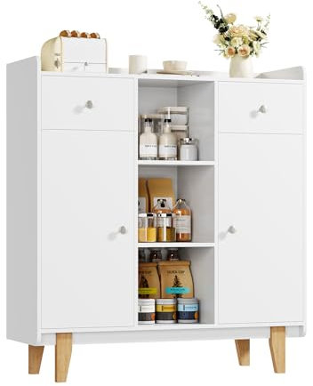 fevarbord Sideboard weiß Kommode 100cm breit, Küchenschrank Wohnzimmerschrank mit 2 Türen, 2 Schubladen und 3 offenen Ablagen, für Küche, Esszimmer, Wohnzimmer, Flur, 100x35x115cm