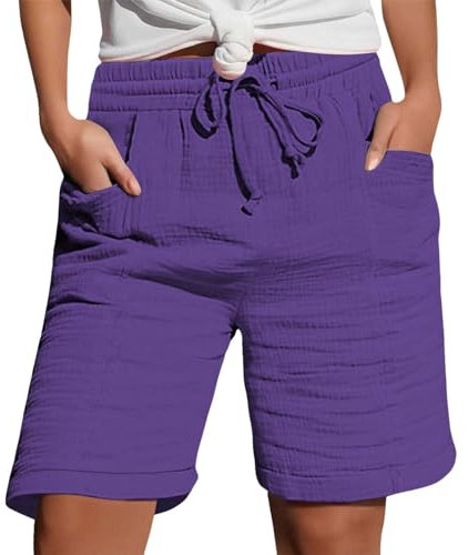 Short en lin | Short en mousseline pour femme | Plage avec poches | Pantalon en tissu décontracté | Loisirs Stretch Jambe droite Pantalon en lin | Bermuda de sport pour femme | Tenues d'été, bleu