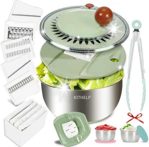 KITHELP Salatschleuder aus Edelstahl, groß, Gemüse Obst Waschschüssel mit Sieb, Salatschleuder Trockner mit 5 Klingen Hobel, Eigelbsieb, Zerkleinerer für effiziente Salatzubereitung 5,3 Qt
