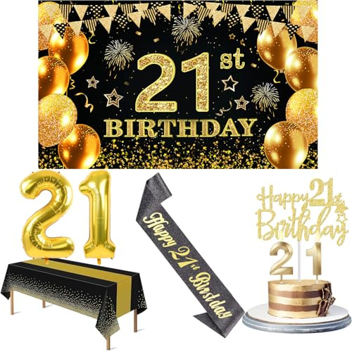 Amosking 21st Birthday Decorations for Him Black Gold | 21st Birthday Decorations for Her Him- Easy Assembly with Banner, Number Balloons, Table Cloth, Sash, Cake Topper and Candles
