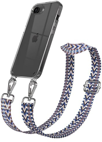 EAZY CASE Handykette - Verstellbares Taschenband kompatibel mit iPhone 16e, Schulterriemen, Handykordel mit Silikon Hülle, Umhängetasche, Blau Weiß Silber