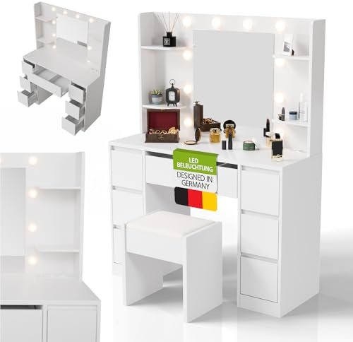 Juskys Schminktisch Malia mit LED-Spiegel und Hocker Melly, 7 Schubladen, individuelle Lichteinstellung, viel Stauraum, modernes Design, kompakt & pflegeleicht