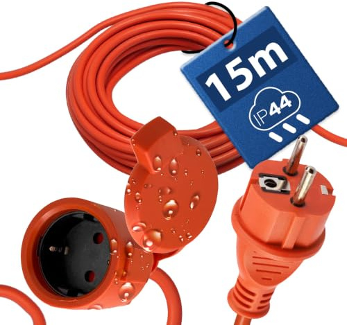 Rallonge Électrique Extérieure 15m IP44 3×1,5 mm² 2000W Orange Uni-Schuko | Câble Prolongateur Étanche avec Fiche et Prise Type F avec Clapet -Rallonge pour Tondeuse, Jardin, Chantier-Horoz Electric