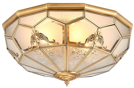 LOGT Messing Deckenleuchte Glas Lampenschirm Tiffany Deckenlampe Modern Mediterranen Decken Beleuchtung Runde Halbbündig Montierte Deckenlicht Innen Gold für Küche Wohnzimmer Schlafzimmer Flur