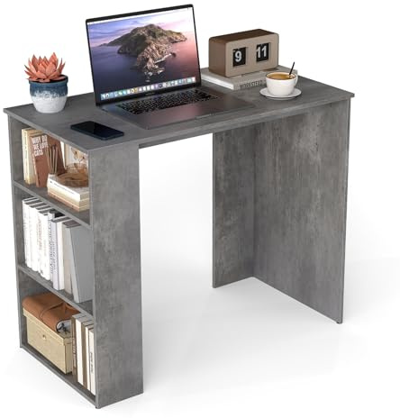 COSTWAY Compact Computer Desk, 90cm Small Wooden Study Writing Workstation with Bookshelf, Modern Simple PC Laptop Table Working Desk for Home Office Bedroom (Grey)