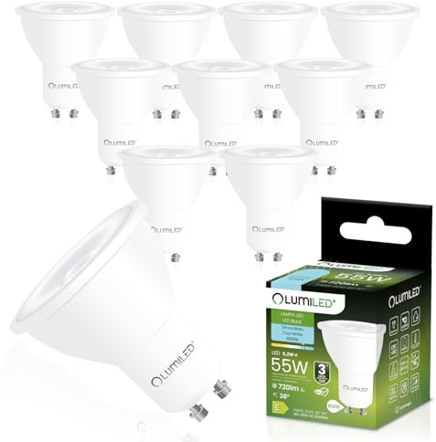 Lumiled LED Leuchtmittel GU10 PAR16 Energieklasse C 5,2W Ersetzt 55W 720lm 6500K Kaltweiß Lampe 38° Abstrahlwinkel – 10er Pack Energieeffizient Nicht dimmbar Komfortlicht Spotbeleuchtung