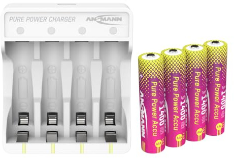 ANSMANN Lithium Ladegerät Pure Power inkl. 4X Micro AAA Akkus mit höchster Kapazität und Lademodul, mit Langer Laufzeit und Schutztechnik, ideal für Geräte mit hohem Energiebedarf
