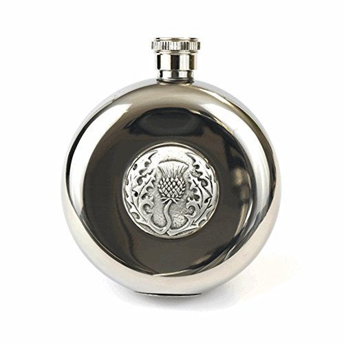 GM Belts 5oz Pocket Hip Flask With Antique Finish Scottish Thistle Detail With Tot Cups