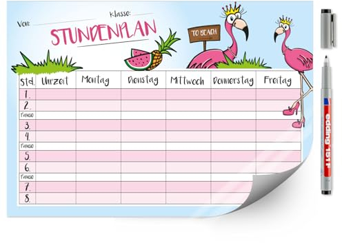 younikat Stundenplan abwischbar selbstklebend I Flamingo I inkl. Stift I wiederbeschreibbar I Schulanfang I dv546