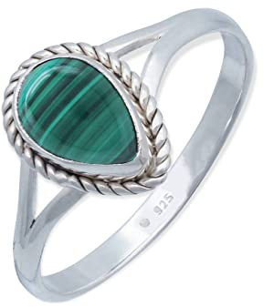 mantraroma Damen Ring 925 Silber Malachit Edelstein grün dezent verspielt