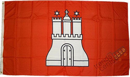 Top Qualität - Flagge HAMBURG MIT WAPPEN Fahne, 250 x 150 cm, EXTREM REIßFEST, Keine BILLIG-CHINAWARE, Stoffgewicht ca. 100 g/m², sehr robust, extra starke Messing-Ösen - mehrfach umlaufend genäht