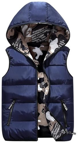 Kinder Daunenweste Winter Kapuzenweste Jungen Maedchen Reversibel Weste Ärmellos Tarnung Winterjacke Blau 8-9 Jahre