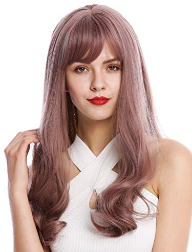 WIG ME UP - D048-612 Perücke Damen lang glatt gelockte Spitzen Pony dunkles Pastell-Rosa