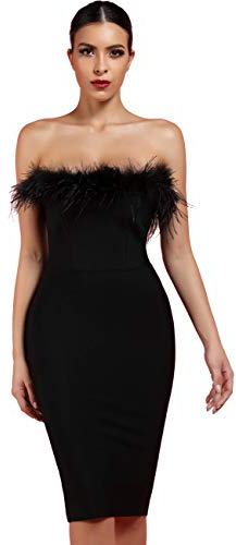 whoinshop Damen Sexy Schulterfrei Feder Bandage Abend Club Party Kleid, Schwarz, Mittel