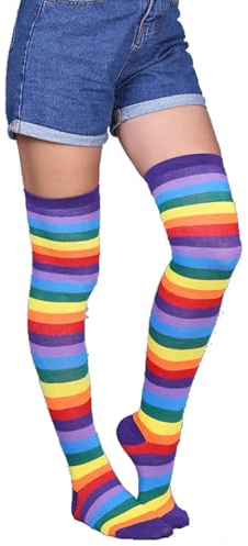 YUEMING Damen Kniestrümpfe, Lange Gestreifte Socken, Bunte Streifen, 1 Paar