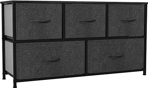 YITAHOME Schubladenschrank, Kommode mit 5 Schubladen aus Stoff, Kleideraufbewahrung & Sideboards/Schwarzes Metall-Regal und MDF-Platte/Wohnzimmer, Schlafzimmer, Kinderzimmer, Flur - Dunkelgrau