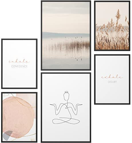 Papierschmiede® Mood Poster Set Yoga, Deko Bilder Wohnzimmer, 2x 30x40 cm und 4x 20x30 cm, Home Decoration Boho Style Meditation Achtsamkeit Fokus Rosa Beige - Wandposter ohne Rahmen