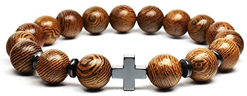 Herren Damen Armband Kreuz Rosenkranz Perlen Armband Holz Anhänger Mattierter Stein Kruzifix Stretch Religiöse Charme Vintage Armbänder Für Armbander Madchen Perlenarmbänder-Set,C-1PCS
