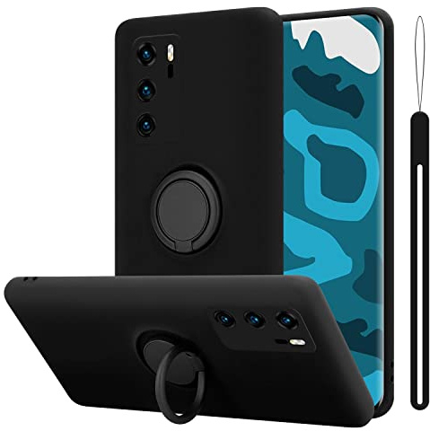 Cadorabo Hülle kompatibel mit Huawei P40 Schutzhülle TPU Silikon Case Liquid Design mit Ring Slim Kratzfest Liquidsilikon Microfaser mit Rundumschutz Case Hülle für Huawei P40 in Schwarz