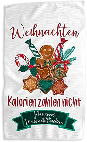 Selket's Shop Geschirrtuch Weihnachten – Küchenhandtuch mit Weihnachtsmotiv „Kalorien zählen Nicht“ personalisiert