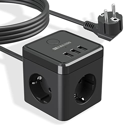 Steckdosenleiste mit USB, Mehrfachsteckdose 3Fach Steckdose 3 USB mit Schalter, USB Steckdose Verteilersteckdose, Steckdosenwürfel 2m Verlängerungskabel mit Schalter für Zuhause, Büro, Reisen