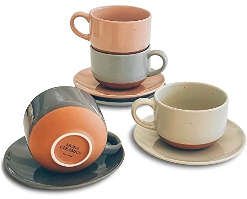 MORA Ceramics 8oz Cappuccino Mug Set of 4 - Ceramic Coffee Cups with Saucers - Microwave and Dishwasher Safe, Perfect For Tea, Espresso, Latte - Porcelain Mugs for Kitchen or Cafe - Assorted Neutrals