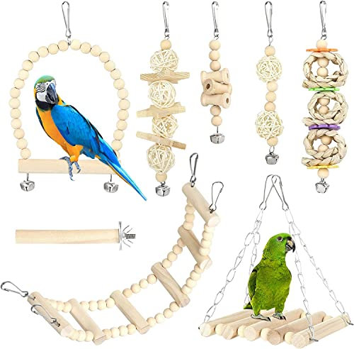 GWHOLE Juguetes para Pájaros para Periquitos Set de 8 Piezas Columpio para Loros, Juguetes para Masticar, Colgantes, Accesorios para Jaulas de Pájaros, Accesorios de Juego para Loros, Cacatúas